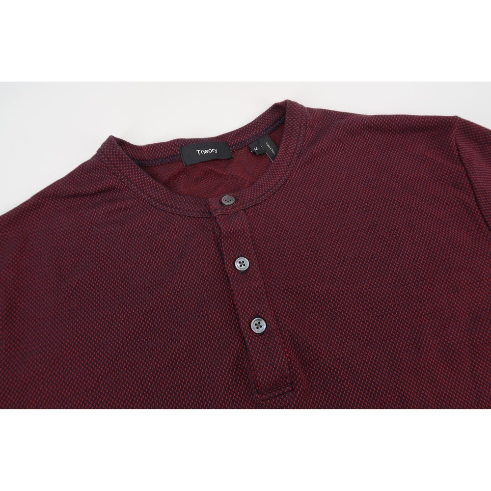 Theory Essential Henley Mens Medium Red Navy Jacquard Pima Cotton Short Sleeve